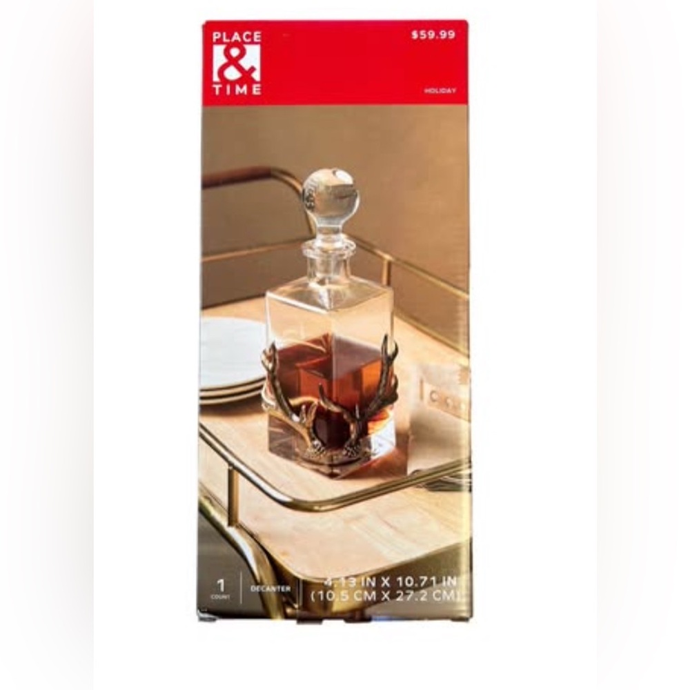 Antler-Embellished Glass Decanter, 4.13in x 10.71in